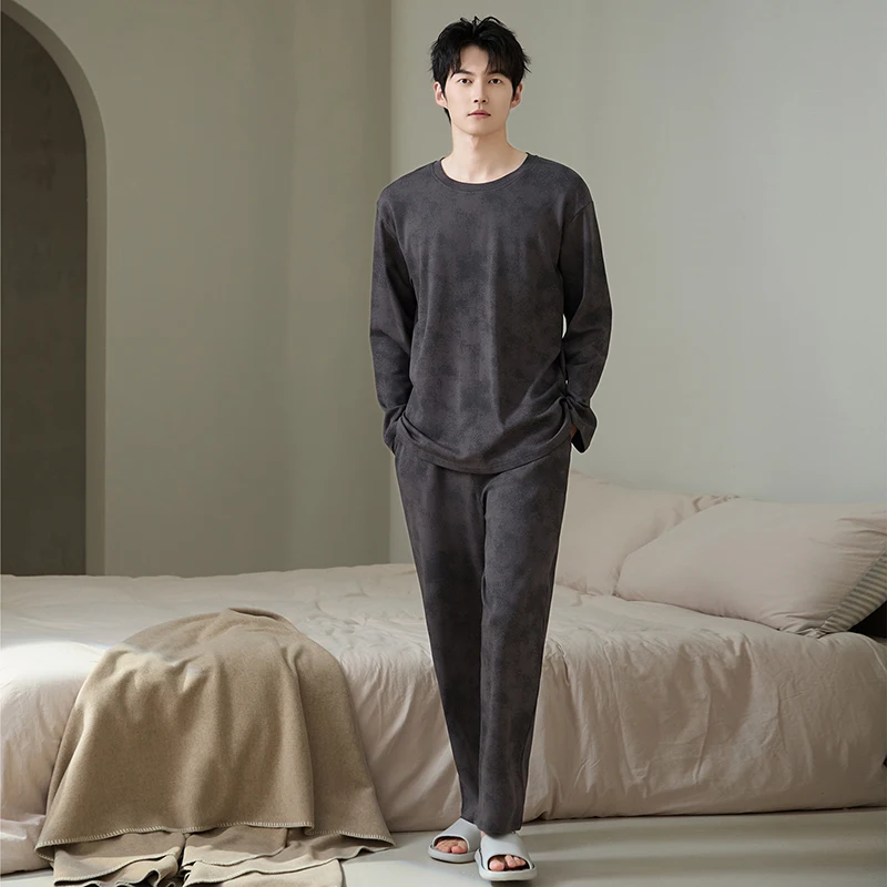 Plus Size L-5XL  Men Pajamas Set Knited Cotton Sleepwear Male Autumn Long Sleeve Pyjamas