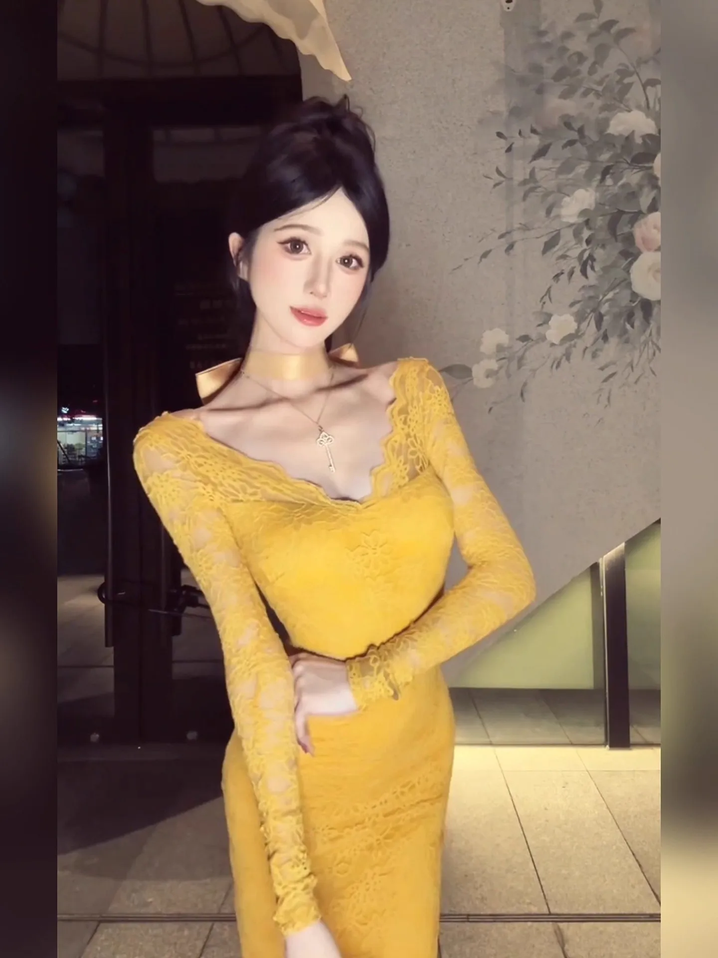 Keni plus Size Pure Desire Yellow V-Neck Lace Dress Women Winter Slim Fit Backless Butt Skirt High Waist A-Line Commute Style