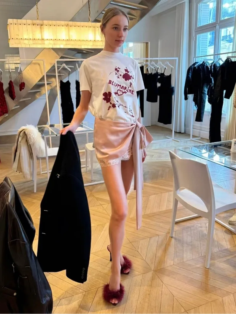 Hottie Bow Ribbon Satin Patchwork Lace Skirt 2025 Summer New Chic Pink Asymmetrical Design Y2K Mini Skirt Ladies Stylish Outfits