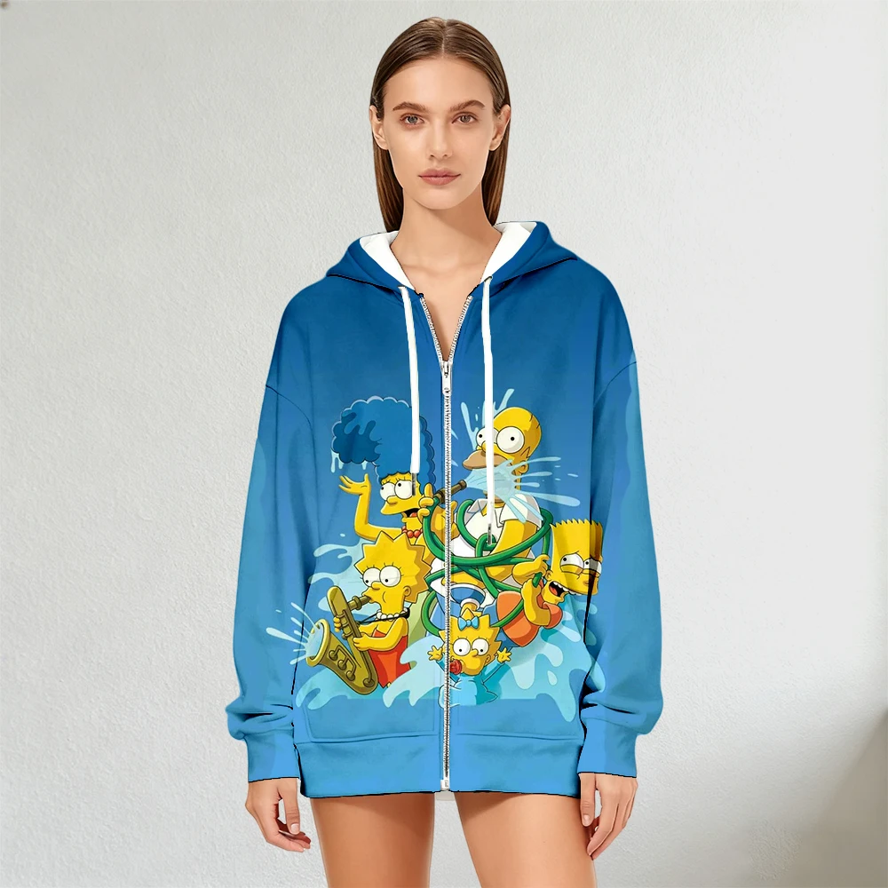 Sweat à capuche imprimé Disney The Simpsons pour femmes, fermeture éclair, mode automne-hiver, Streetwear, sweat-shirt à manches longues pour décontracté au quotidien