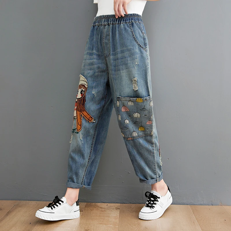 

plus Size Women's Denim Harem Pants Embroidered Casual Dad Jeans High Waist Autumn New Sle Cartoon Stitching Slimming Effect