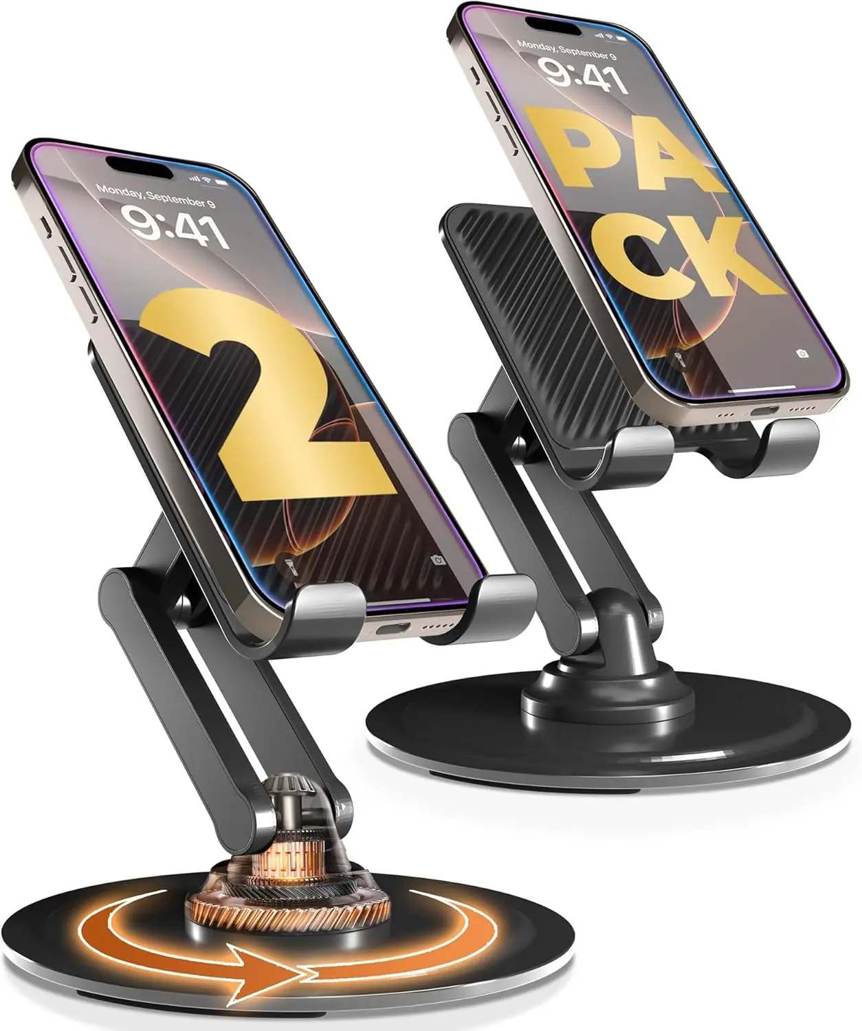 

360° Rotating Phone Stand, Adjustable Height/Tilt, Sturdy Metal Base, Fits iPhone Samsung Android Smartphones (2-Pack)