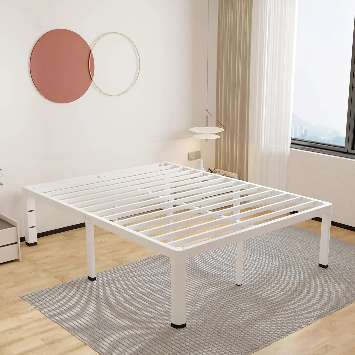 

14 Inch White King Bed Frame Heavy Duty Steel Slats No Box Spring Needed Easy Assembly