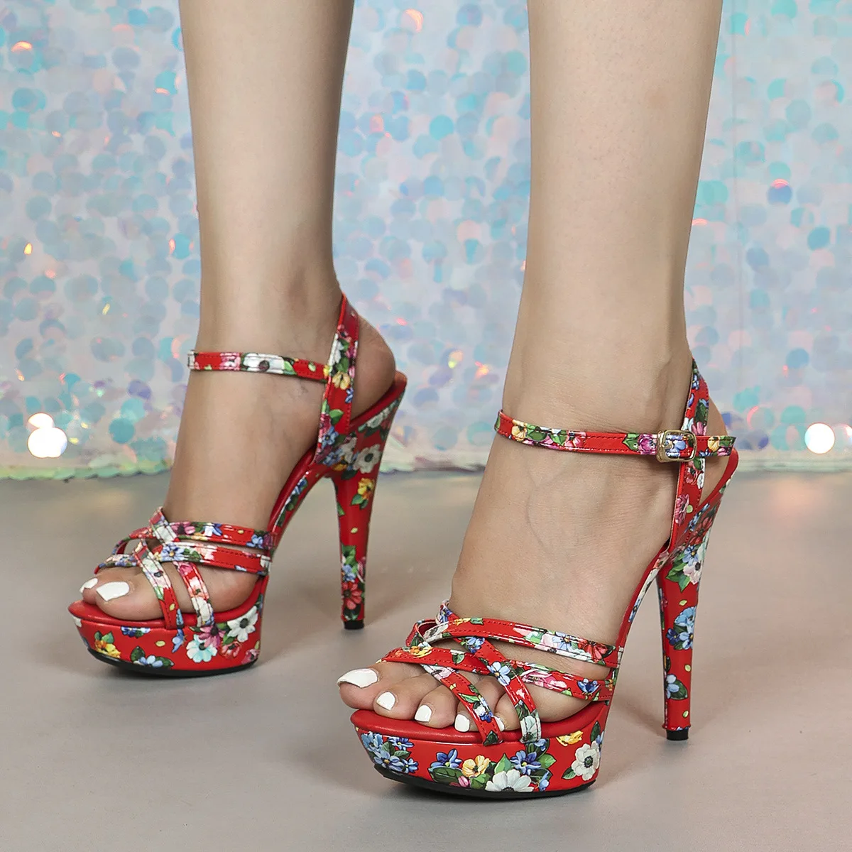 Flower High-heeled Sandals For Women's 2025 Summer Thin-heeled Waterproof Table Rhinestone Model Catwalk 13CM LFD-1099-Q33