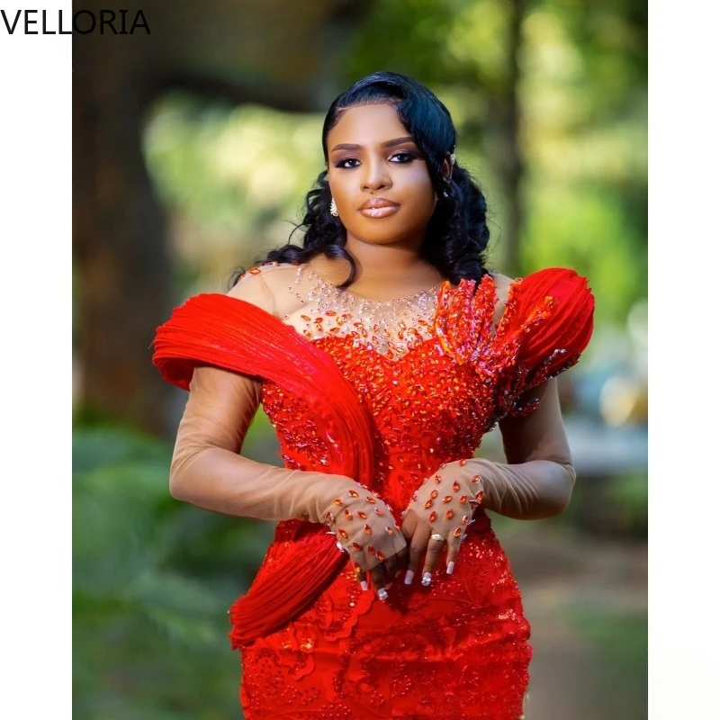 Aso Ebi Nigerian Red Mermaid Prom Dresses 2026 Floral Lace Crystals Stylish Evening Gown Second Birthday Gowns Dress Customized image 6