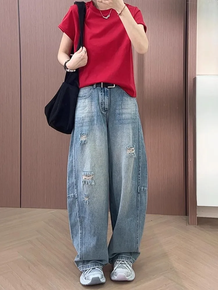 

plus Size Ripped Wide Leg Jeans Women's Summer Thin High Waist Loose Straight Knife Pants Casual Style Denim Fabric Spring Co...