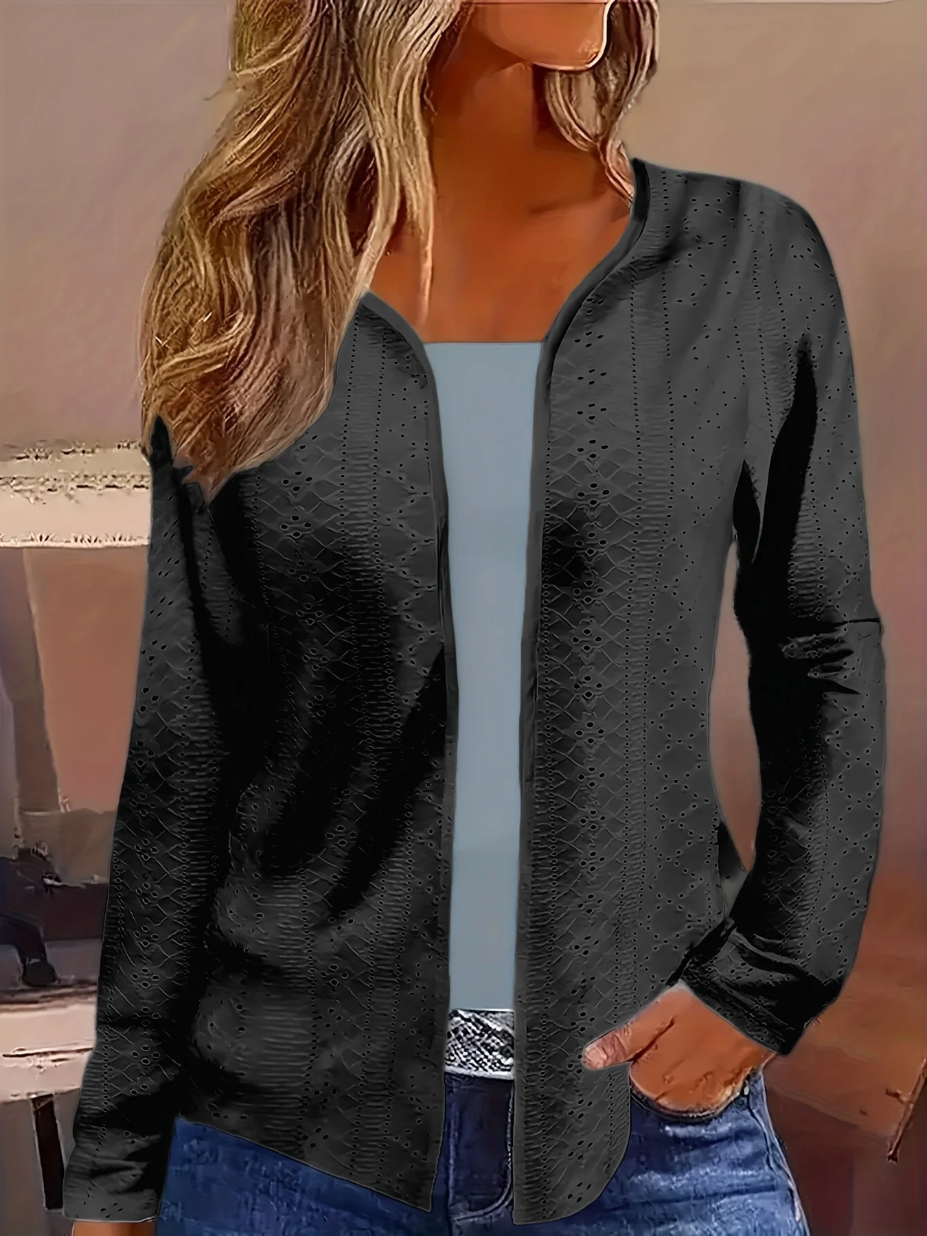 Plus Size Women's Lightweight Open Front Cardigan Eyelet Long Sleeve Casual Layering Jacket for All Seasons