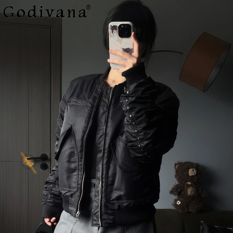 American Retro Thickened Jacket for Women Winter New Rivet Patchwork Black Cotton Coat Female Long Sleeve Loose Jacket