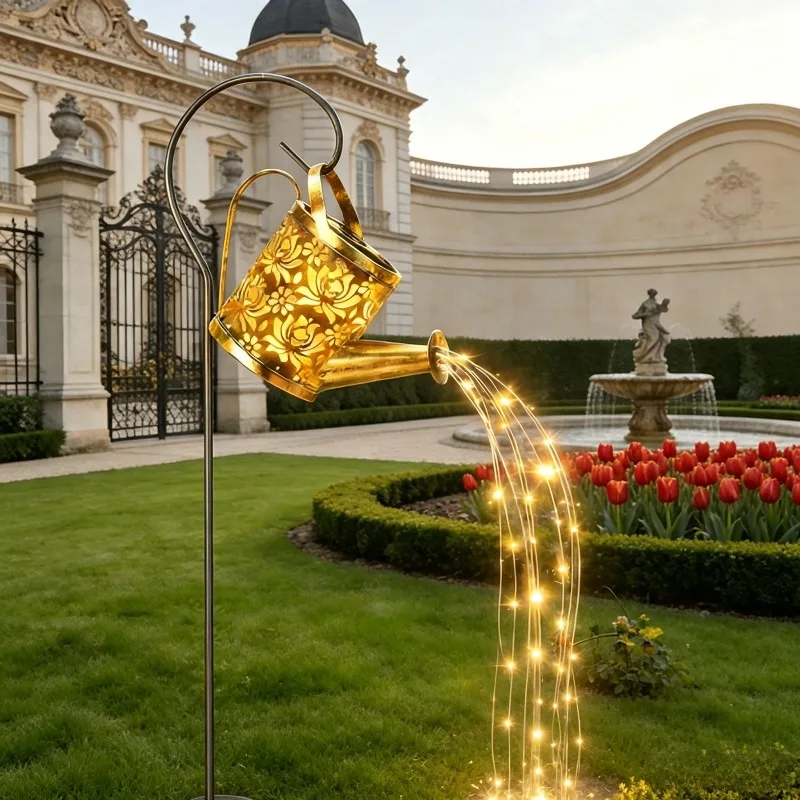 Solar-Powered Cutout Rose Watering Can Light – Waterproof Outdoor Garden Landscape Stake Light with Flowing Light Effect