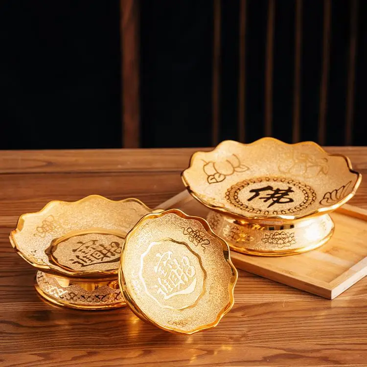 1 pcs Chinese Style Buddhist Plates Ceramics Guanyin God of Wealth Offering Fruit Dish High Foot Tribute Plate Buddhist Supplies