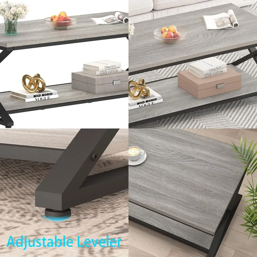 

Grey Farmhouse-Style Storage Coffee Table with Industrial Wood and Metal, Suitable for Living Room and Home Office
