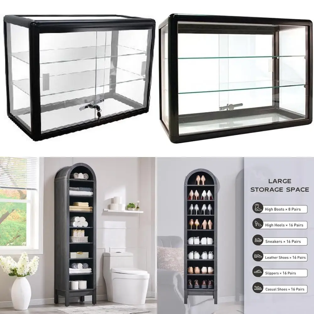

Elegant Black Aluminum Garment Rack with Tempered Glass Top, Lockable Sliding Glass Doors Display Showcase