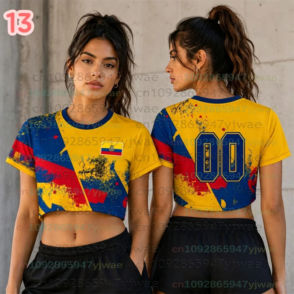 Ecuador Soccer Crop Top Jersey Personalized Ecuador Soccer Jersey Crop Tee Football Fans Cheerleading T-shirt Girls Ecuador Tops