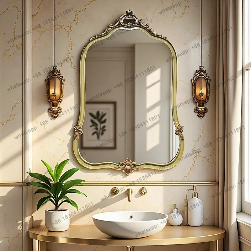 American Retro Bathroom Mirror French Light Luxury Vanity Mirror Wall-Mounted European Style Fireplace Above Decorative Mirr