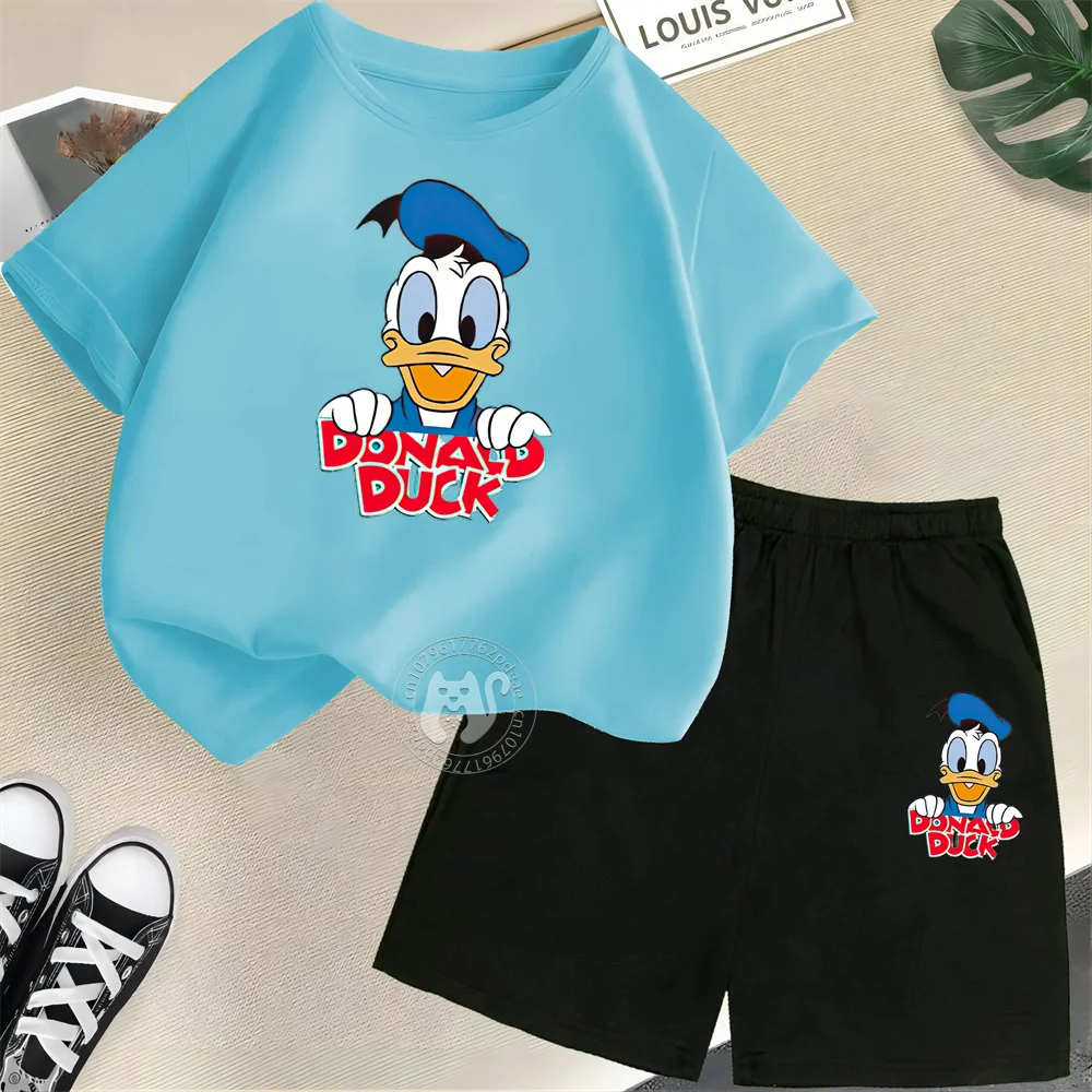 Disney Kids Summer 100% Cotton Summer Dress Donald Duck Alphabet Print Teen Boys Girls Short sleeve + Shorts Cotton casual suit