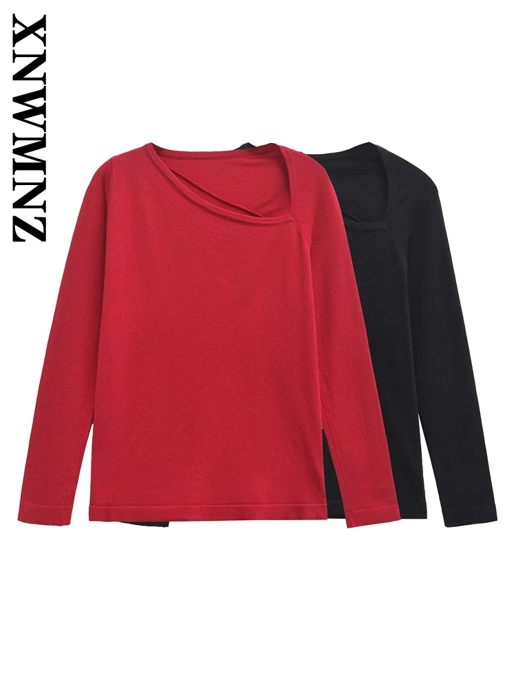 XNWMNZ 2024 New Autumn Woman's Casual asymmetrical Red Long Sleeve Top Female Fashion Hipster Long Sleeve Ruffles Jumper T-shirt