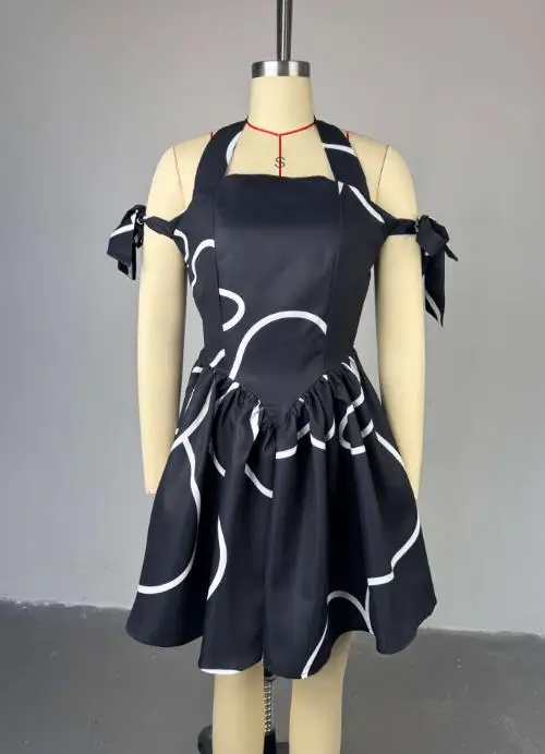 

Dresses Women's Clothing 2025 Summer New Fashion Temperament Halter Printed Lace Up Off Shoulder Sexy High Waist Pleated Dress