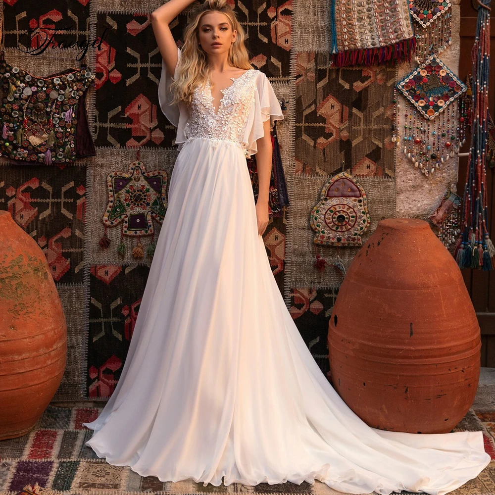 

Traugel Sexy Backless Short Sleeve Chiffon Beach Wedding Dresses Exquisite Applique Beaded Court Train Vintage Bridal Gown