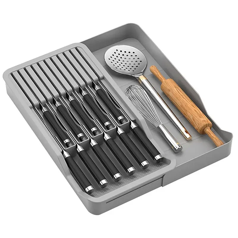 

Customizable Knife Block Holder with Expandable Organizer Storage Tray for Kitchen Countertop Retractable Knife