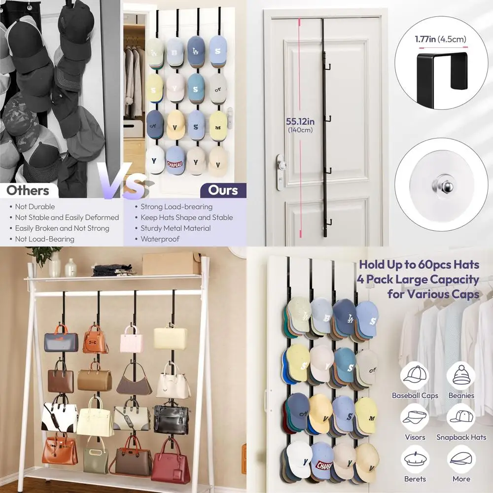 

4-Panel Door Hanging Hat Organizer with 16 Hooks, Holds Up to 80 Hats, Ideal for Bedrooms, Closets