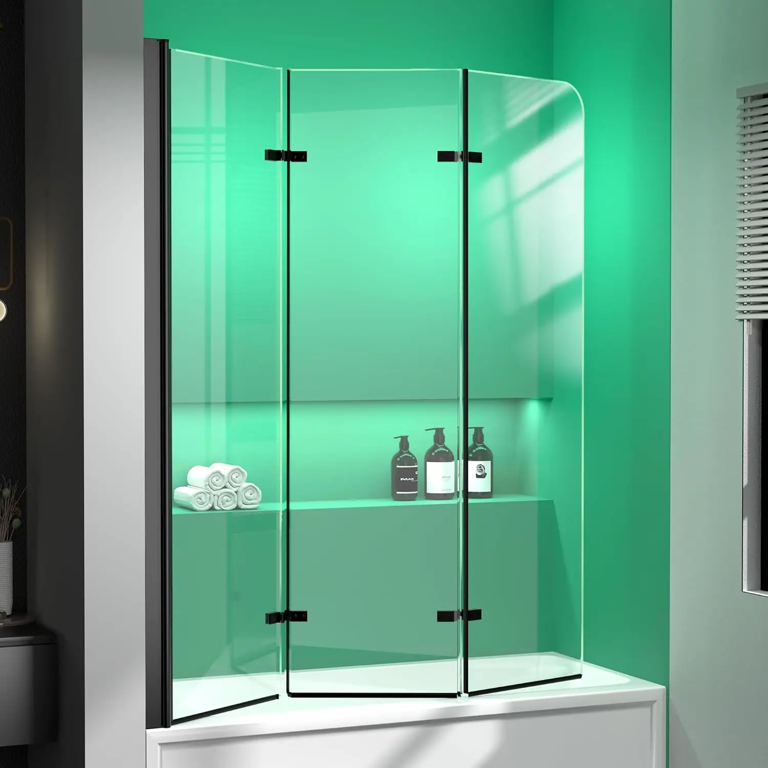 

Semi-Frameless Foldable Hinged Bathtub Shower Glass Door Screen With Coating Tempered Panel Matte Black Size 51" W X 59" H