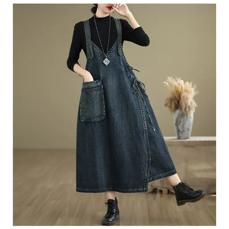 

Fashion Solid Color Loose Denim Spaghetti Strap Dress Women Spring And Summer V-neck Suspender Spliced Large Pockets Long Dress