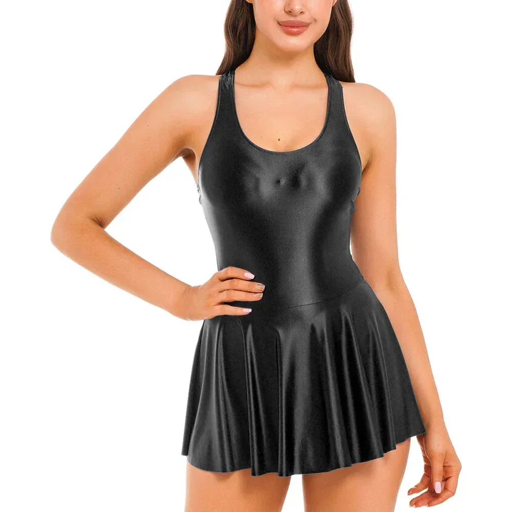 Fashion Women\'s Oil Glossy Sleeveless Tank Dresses Sports Fitness Tennis Short Dress Sexy Female Nightdress