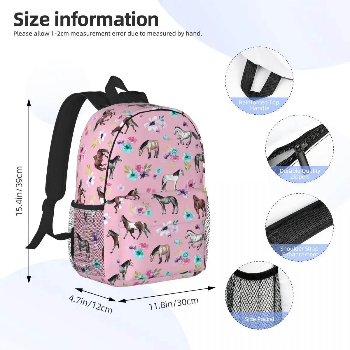 Oral aux et fleurs sur rose, sacs à dos d'art équestre, cartable pour adolescent, sacs d'école de dessin animé pour enfants, sac à dos pour ordinateur portable, sac initié