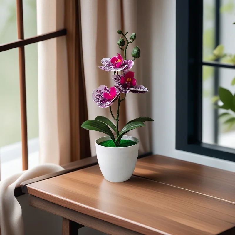 قطعة واحدة من أوركيد مقلد في وعاء - 3 زهور أوركيد صناعية نابضة بالحياة لديكور المنزل لعيد الهالوين وعيد الشكر، هدية الانتقال لمنزل جديد