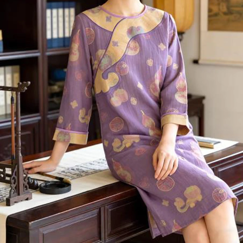 

Женская ночная рубашка из 100% хлопка с цветочным принтом, ночная рубашка с круглым вырезом и длинными рукавами, винтажная домашняя одежда в китайском стиле на весну и лето