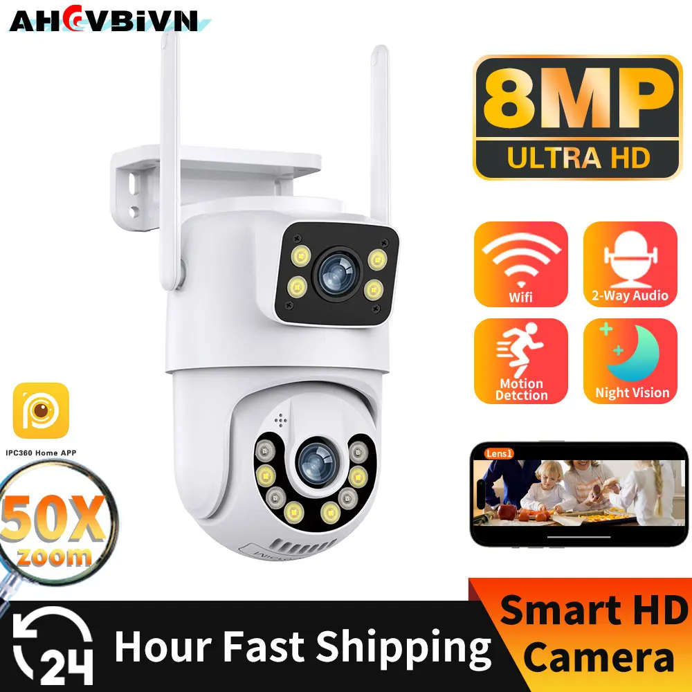 4K 8MP Dual Lens WIFI IP Camera Dual Screen PTZ Camera Outdoor Auto Tracking Security Camera Two-Way Audio Surveillance Cameras