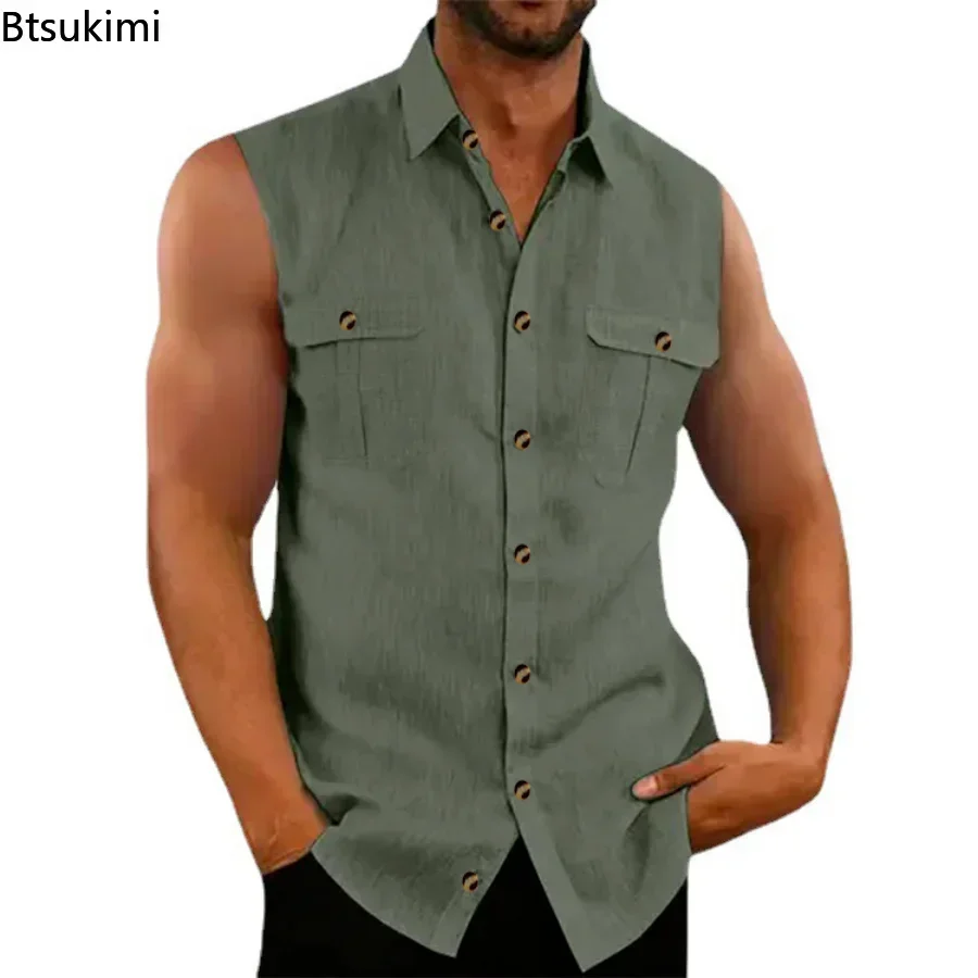 2025 Spring Summer Men's Leisure Cotton Linen Tank Tops Casual Solid Color Buttoned Lapel Sleeveless Vest Shirt Fashion Camisole