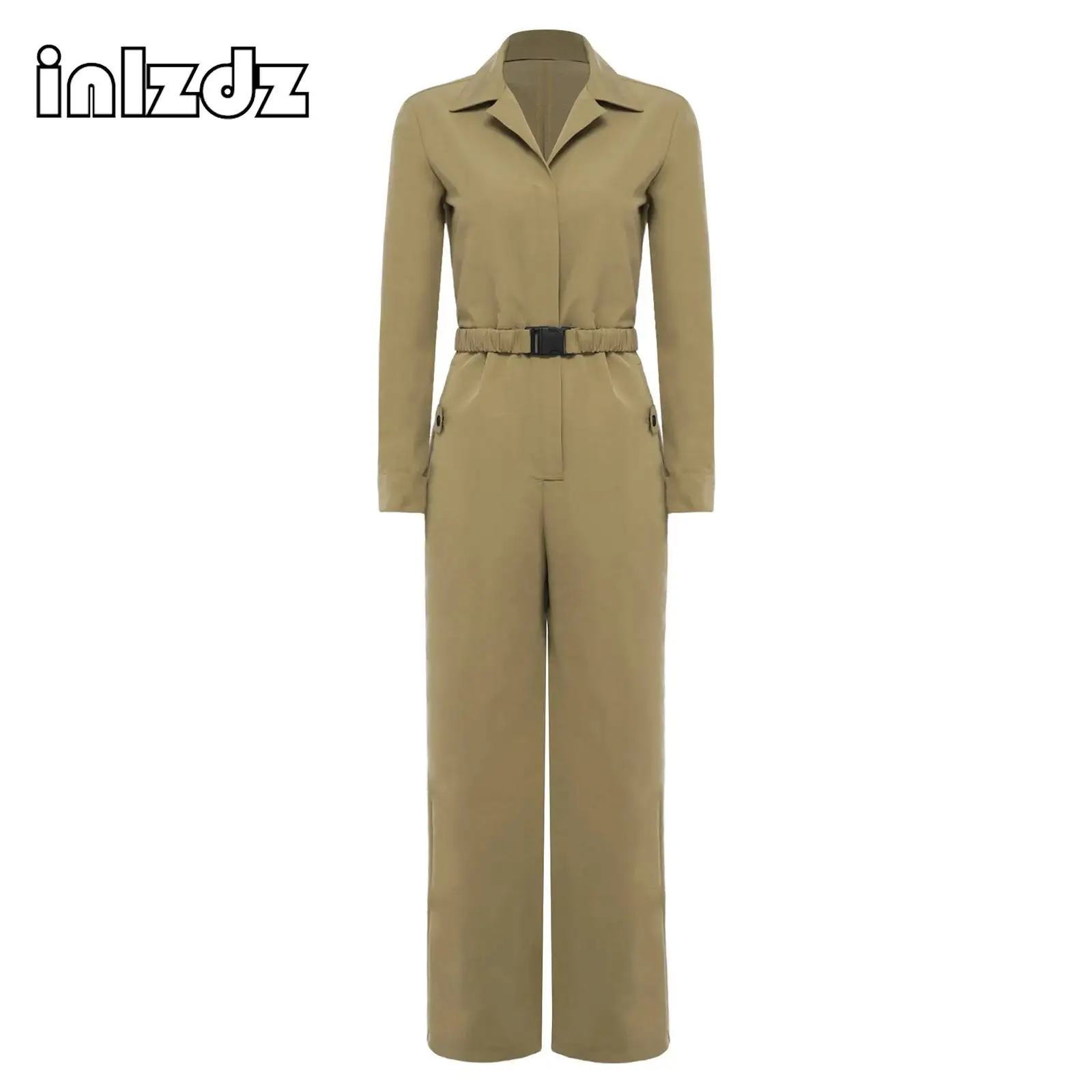 

Womens Mechanic Boiler Costume Long Sleeve Flightsuit Coveralls Dress Up One Piece Rompers Overalls Jumpsuit with Waist Belt
