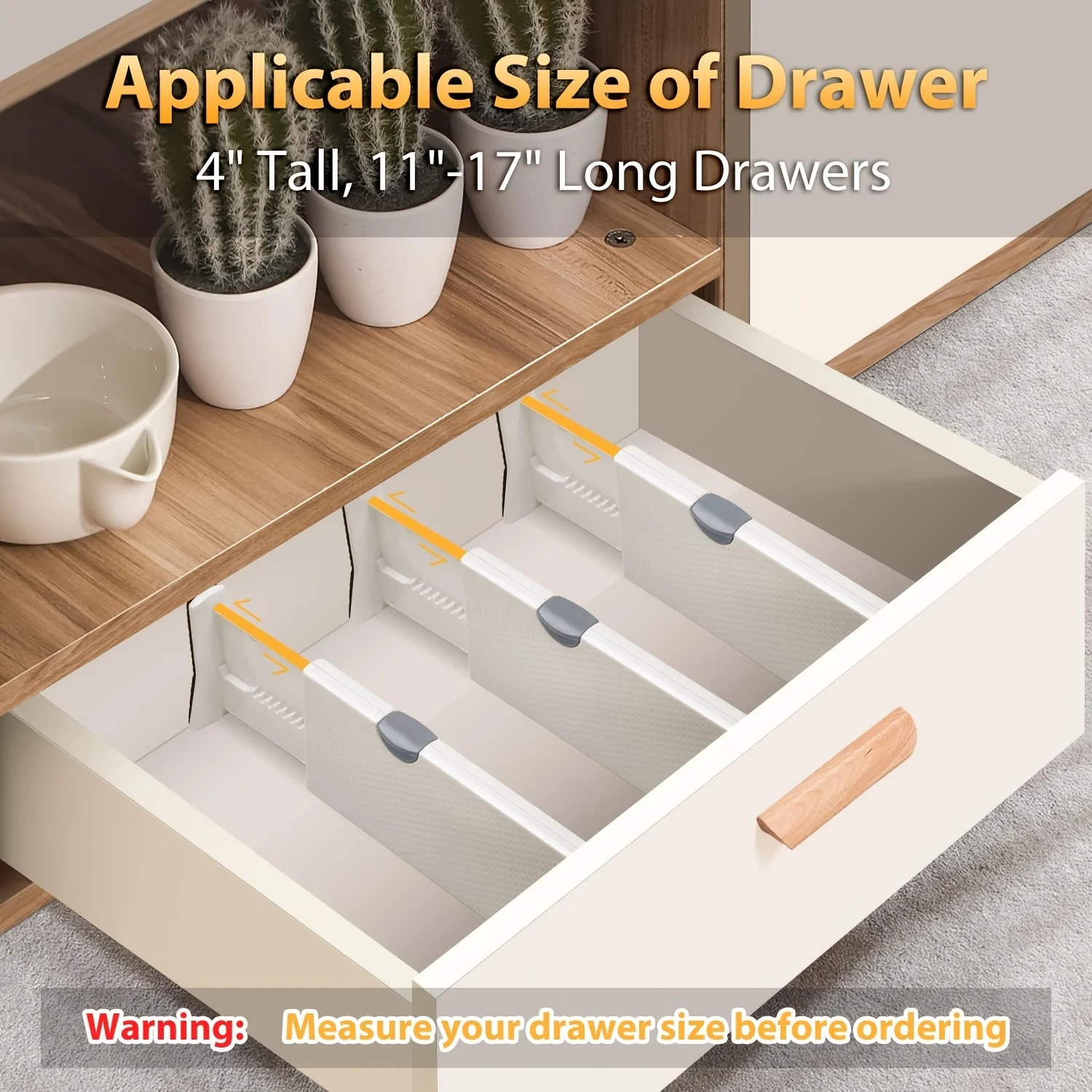 6Pcs Adjustable Drawer Dividers,10cm Tall, Expandable 28-44cm,Non-Slip for Dresser, Closet, Freely Combinable Divider Partition