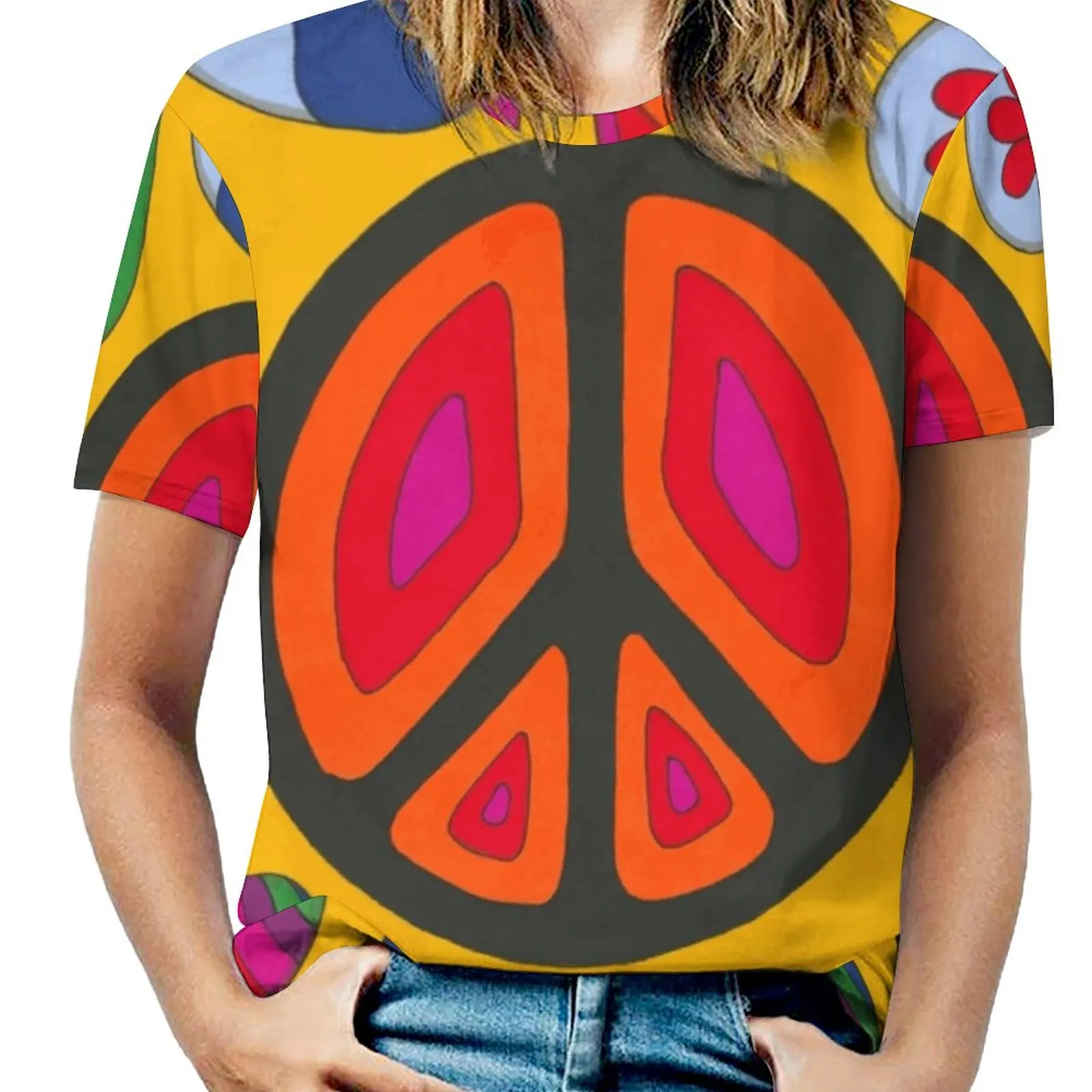 Psychedelic Flaming Peace Women T-Shirt Crewneck Casual Short Sleeve Tops Summer Tees Peace Psychedelic Love Rainbow Colourful