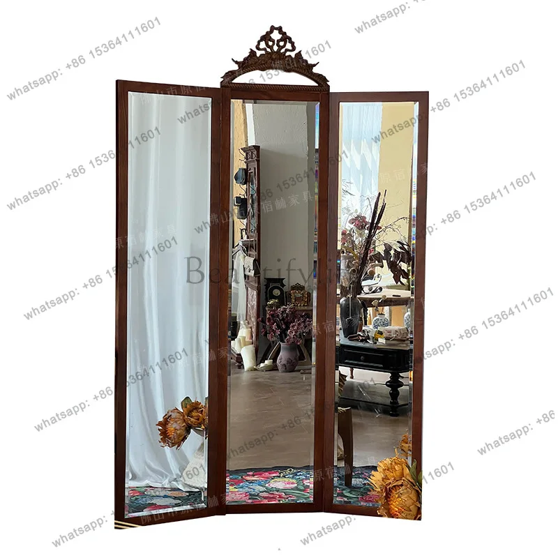 

8French retro western antique mirror folding solid wood carving flower full body mirror antique style