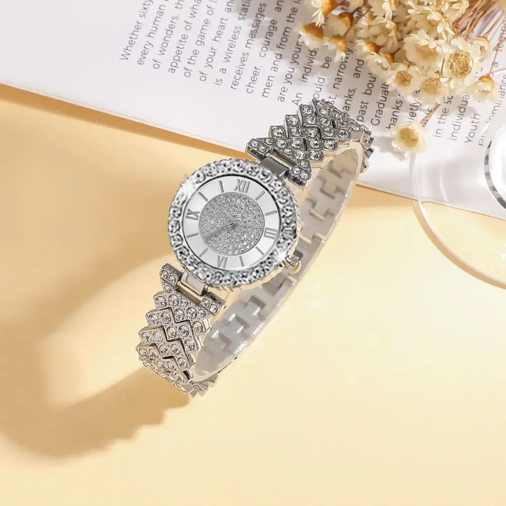 

6Pcs/set Vintage Shiny Rhinestone Jewelry Set Exquisite Simple Crystal Quartz Watch Luxury Necklace Bracelet Earrings Set Ladies