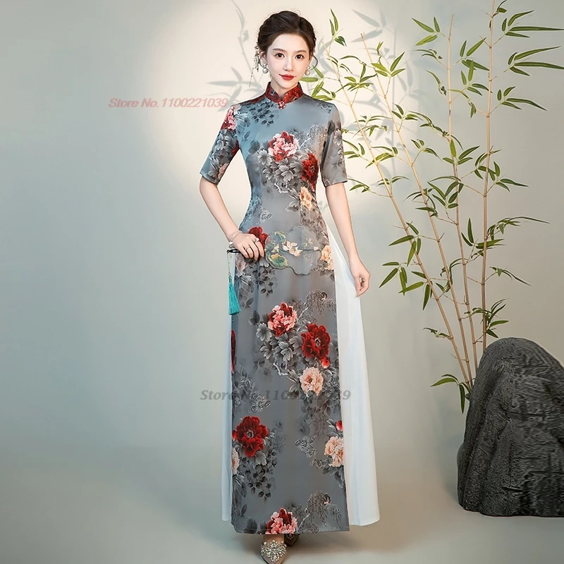 

2025 vietnam traditional aodai dress chinese improved qipao national flower print cheongsam a-line dress evening banquet dress