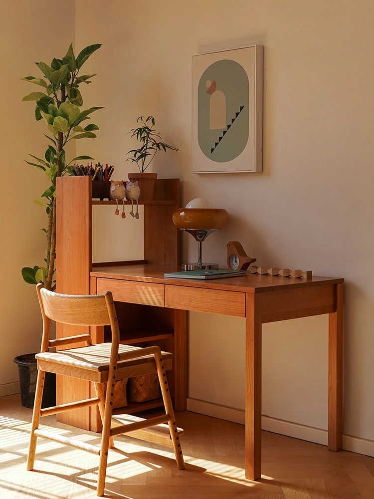 All solid wood one-piece desk bookshelf combination simple one-piece children's double cherry wood study table