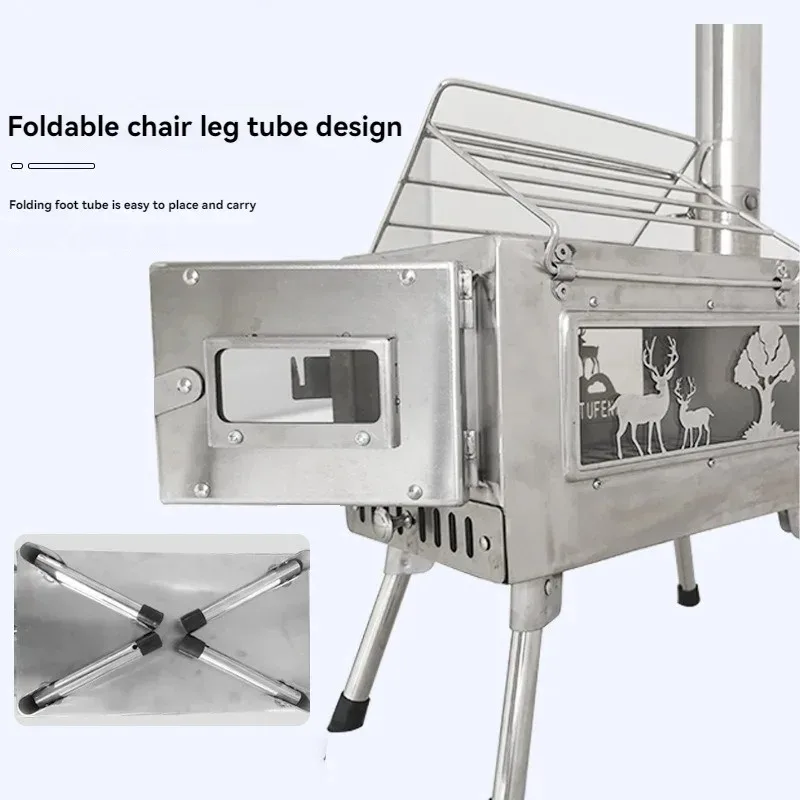 Outdoor Tent Stove Collapsible BBQ Grill Stainless Steel Double Sided Window Decoration Camping  Heating Wood Stove
