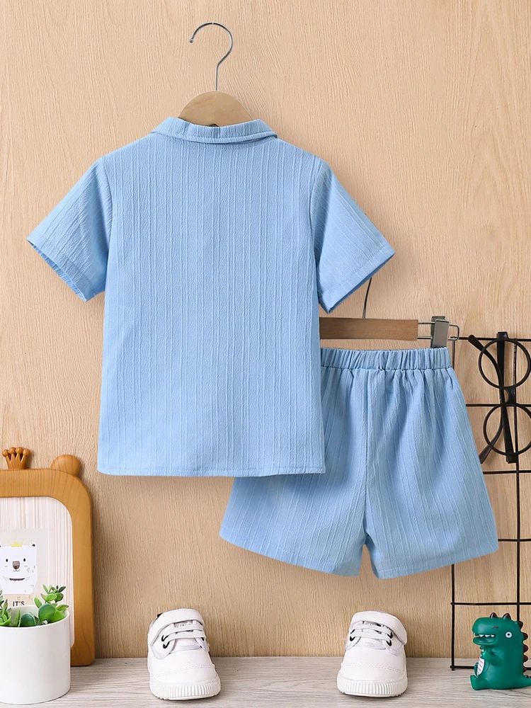 Summer Boys\' Sets Blue Wave Shirt Shorts Casual Two-Piece Simple Kids Clothing Summer Boys\' Sets Blue Wave Shirt Shorts Casual T