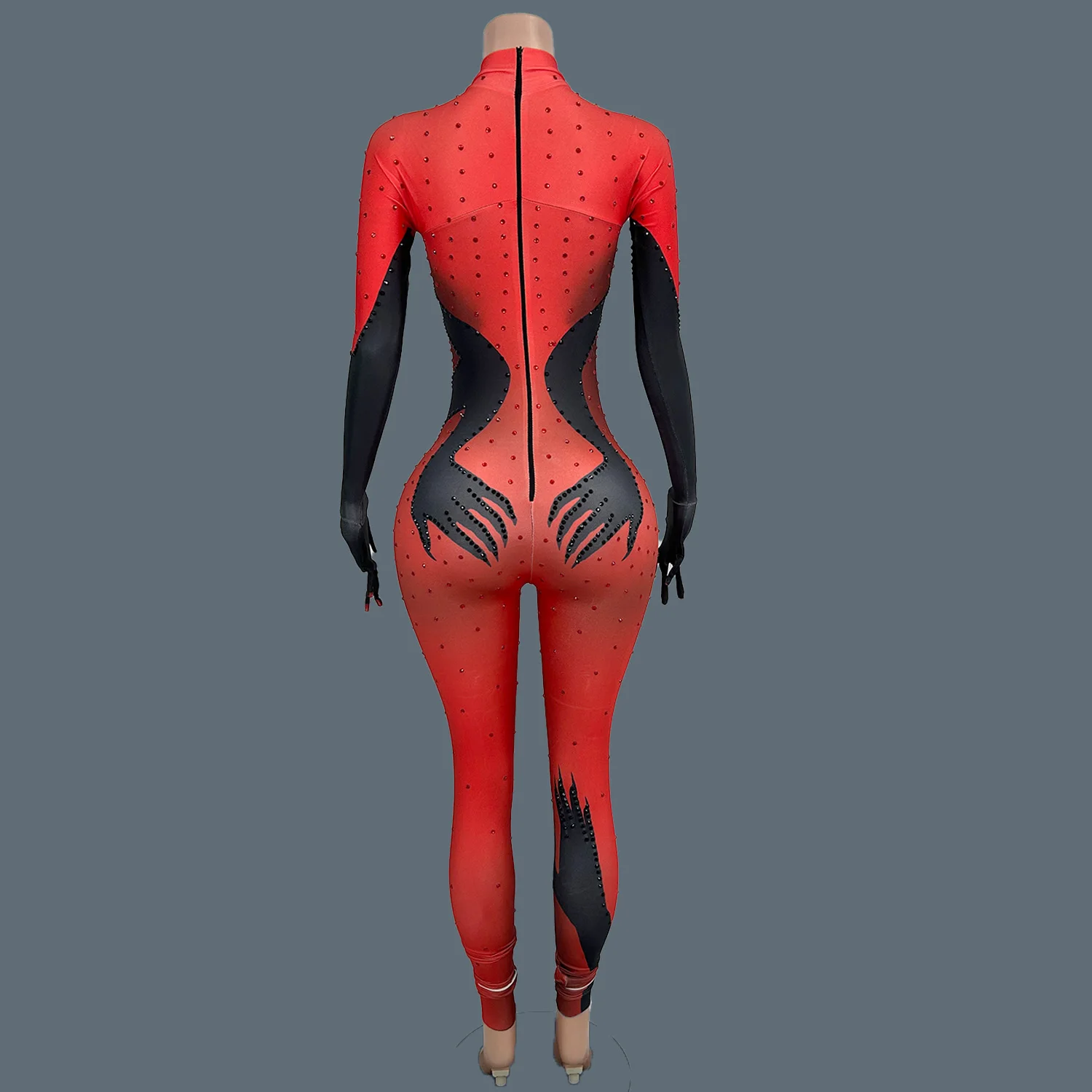 Sparkly Rhinestones Red Spandex Jumpsuit with Gloves for Women Celebrate Party Sexy Performance Dance Costume Stage Wear Bazhang