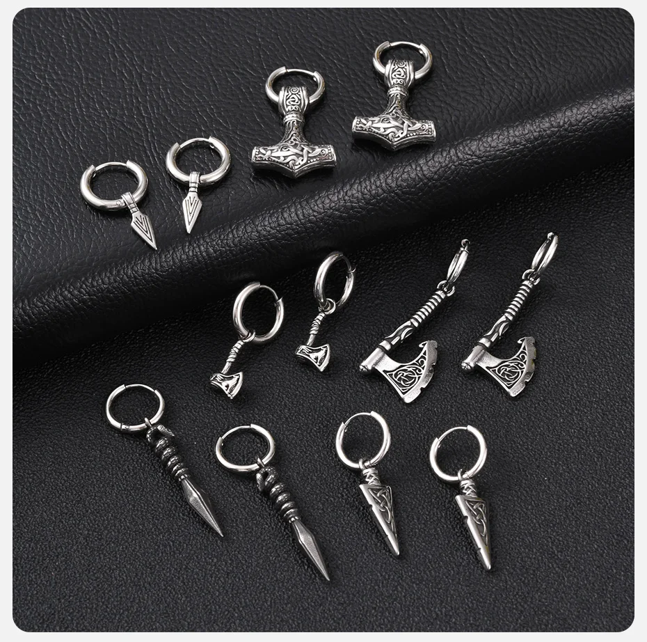 Vnox Wikinger-Axt-Speer-Ohrhänger für Männer, Keltischer Knoten Edelstahl Punk-Creolen, Vintage Nordische Amulett-Schmuck Geschenk – Detail 6