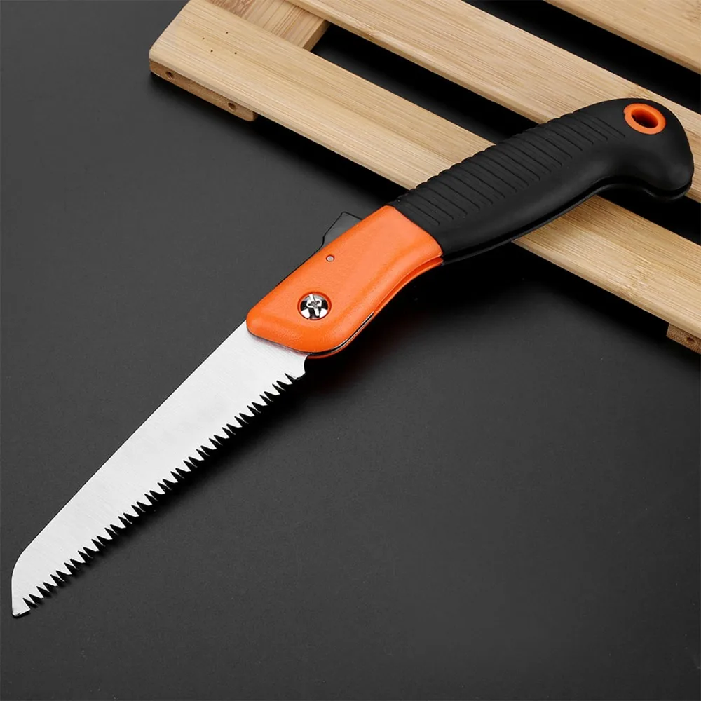 Orange Folding Pruning Saw Manganese Steel Anti-Slip Handle Tree Trimming Saw Comfort Soft Grip Safety Lock Hand Pruning Saw