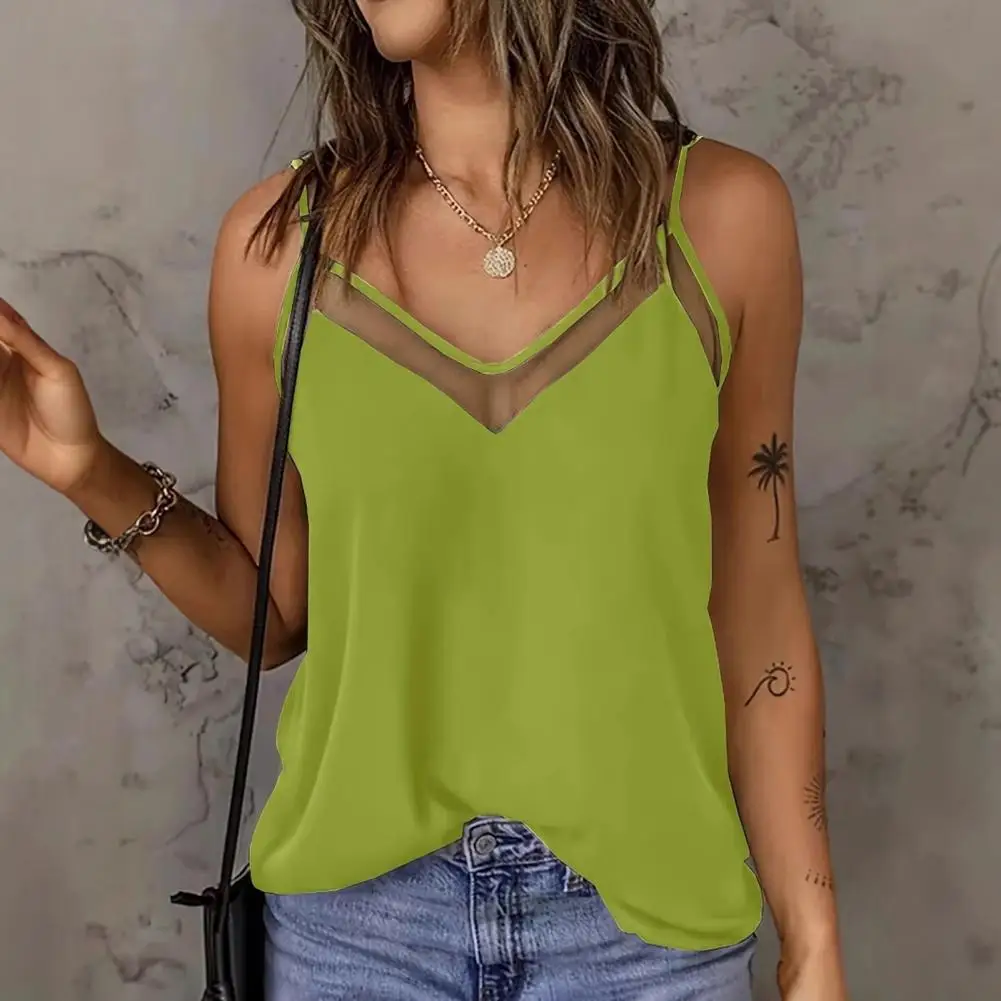 Sexy Layered Neckline Shirt Women’s Spaghetti Strap Top V-neck Mesh Splicing Vest Loose Drape Summer Blouse Soft Fabric Shirt