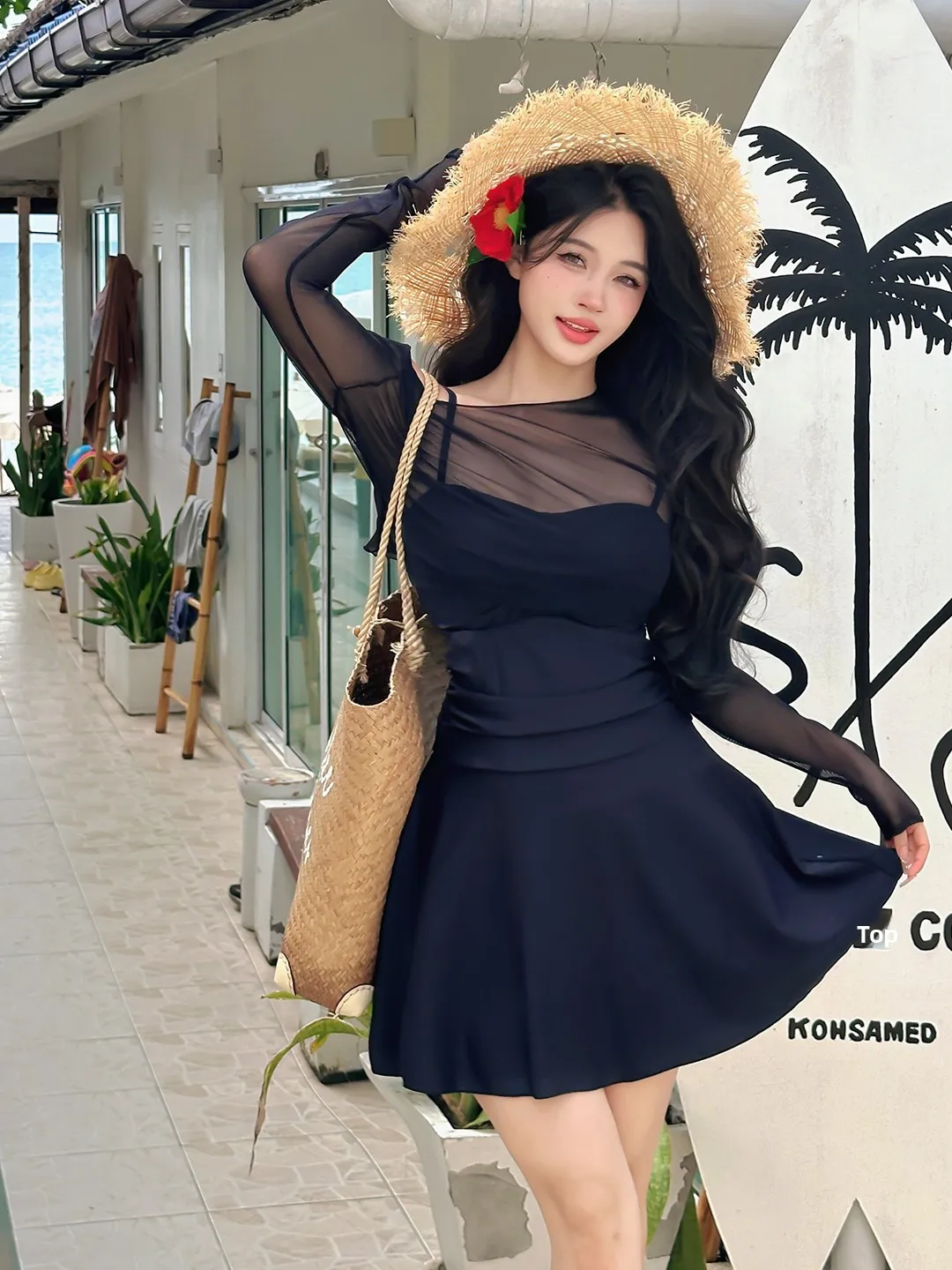 Sexy See-tough Lace One-piece Swimsuit Women's Skirt Sle Gathered Bust Size plus Size Slimming Large Size Swimwear