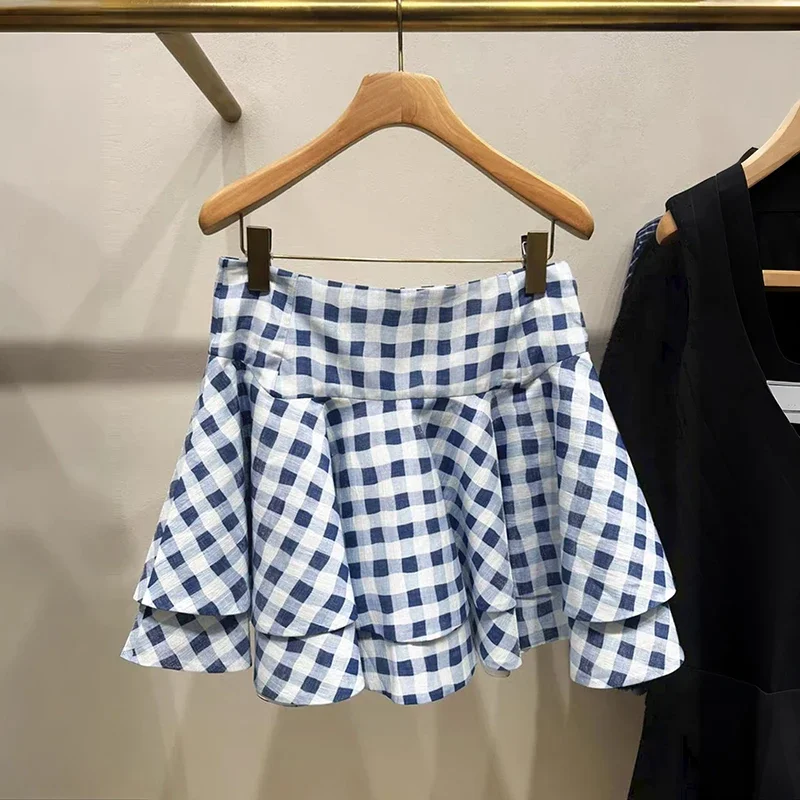 

Hot Sale Blue White Plaid Print Sleeveless Square Collar Vest Tops And Mini Ruffles Skirt Set Beautiful