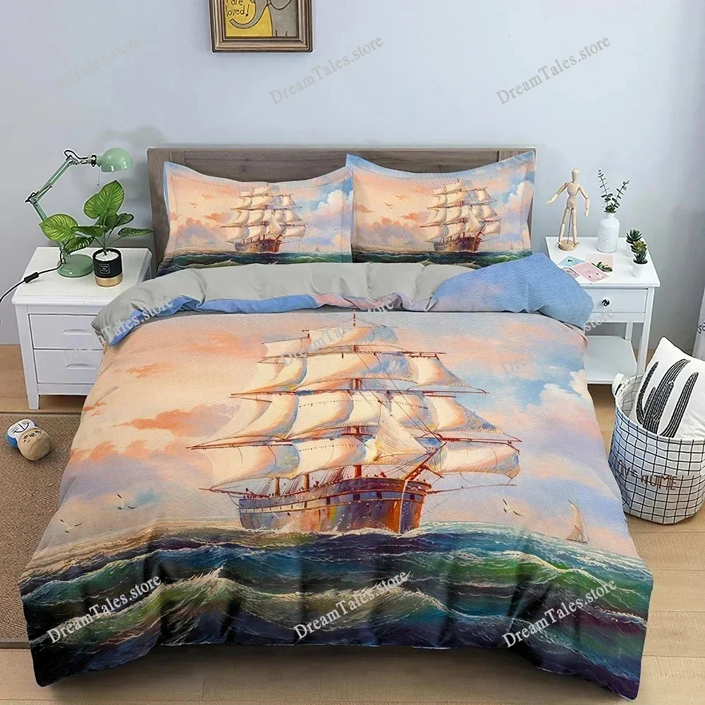 Sail Duvet Cover Set Sailboat Pattern Bedding Set 3D Printed Comforter Covers Single Double King Bedclothes for Bedroom