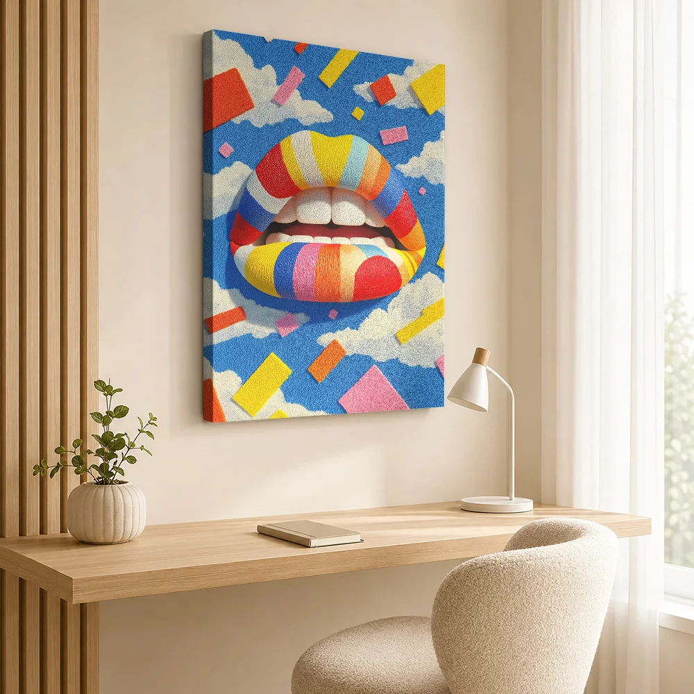 Rainbow Lips with Clouds and Confetti Framed Canvas Poster Customized Modern Aesthetic Wall Art for Office Decor Ready to Hang