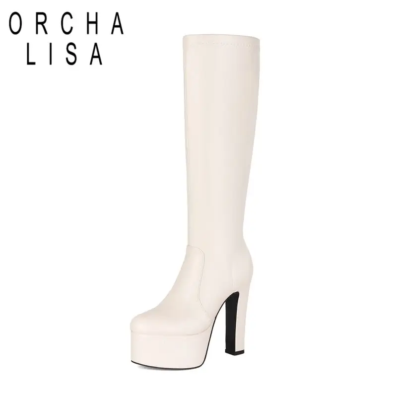 ORCHA LISA Black Women Knee High Boots Round Toe 13cm Block Heel 5cm Platform Zipper Plus Size 41 42 43 Sexy Dating Female Botas